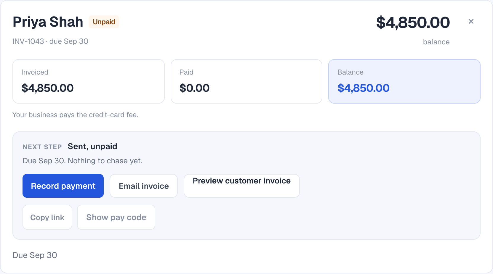 The top of an open invoice: invoiced, paid and balance, the next step, and Record payment, Email invoice, Preview customer invoice, Copy link and Show pay code.