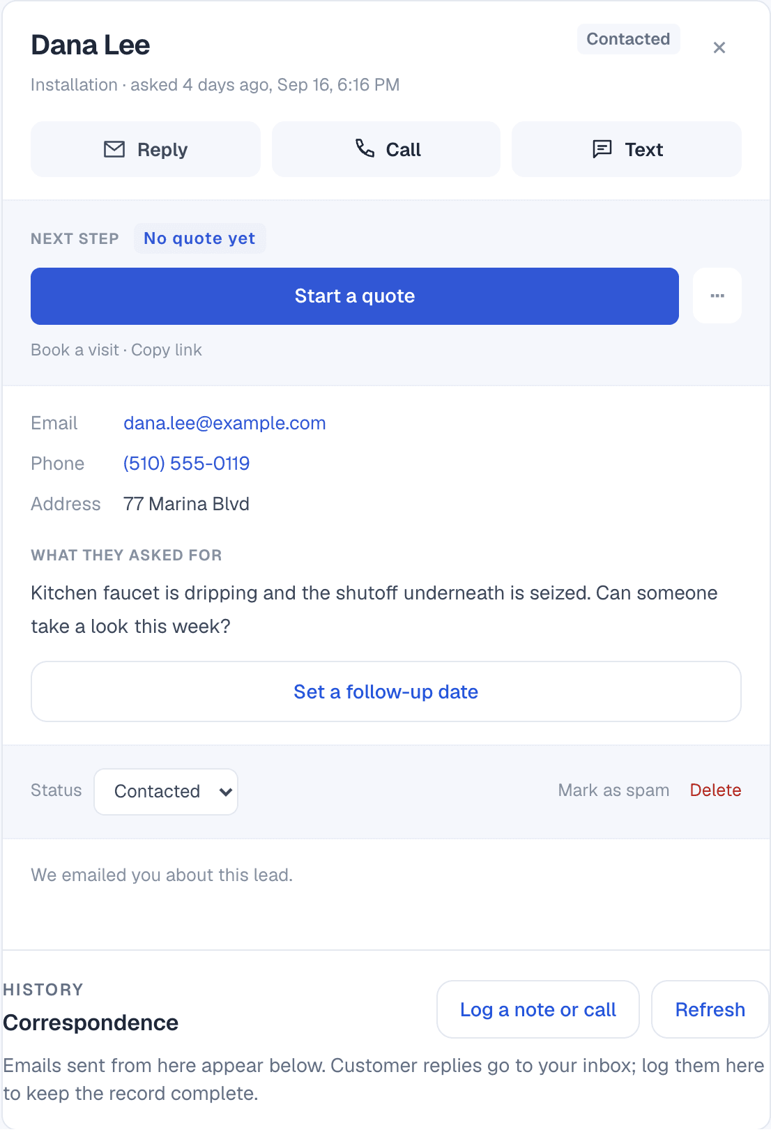 A lead's panel: Reply, Call and Text, the next step with a Start a quote button, the customer's details, what they asked for, and Set a follow-up date.
