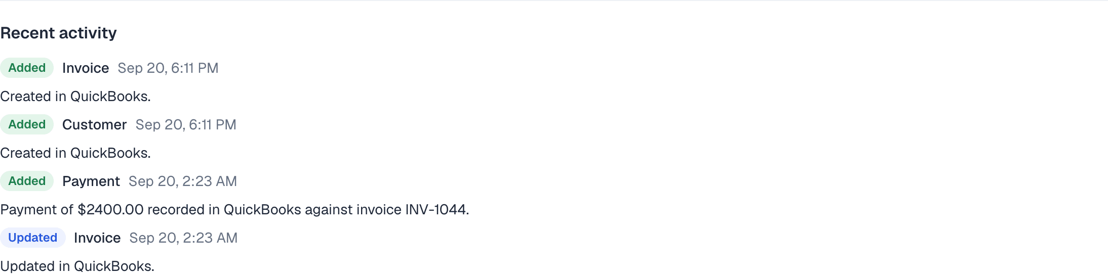 The QuickBooks card's recent activity: an invoice and a customer added, a payment recorded against an invoice, an invoice updated.