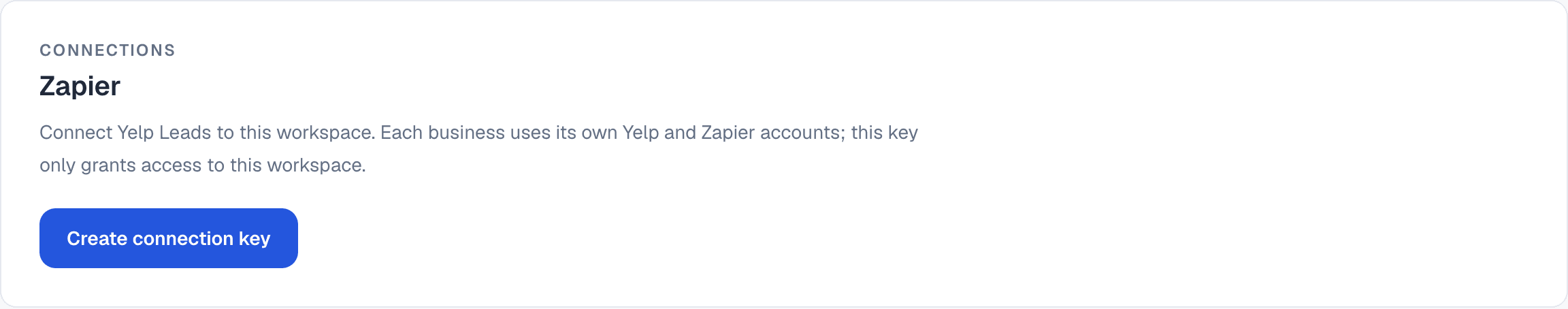 The Yelp via Zapier card: connect Yelp Leads to this workspace, with a Create connection key button.