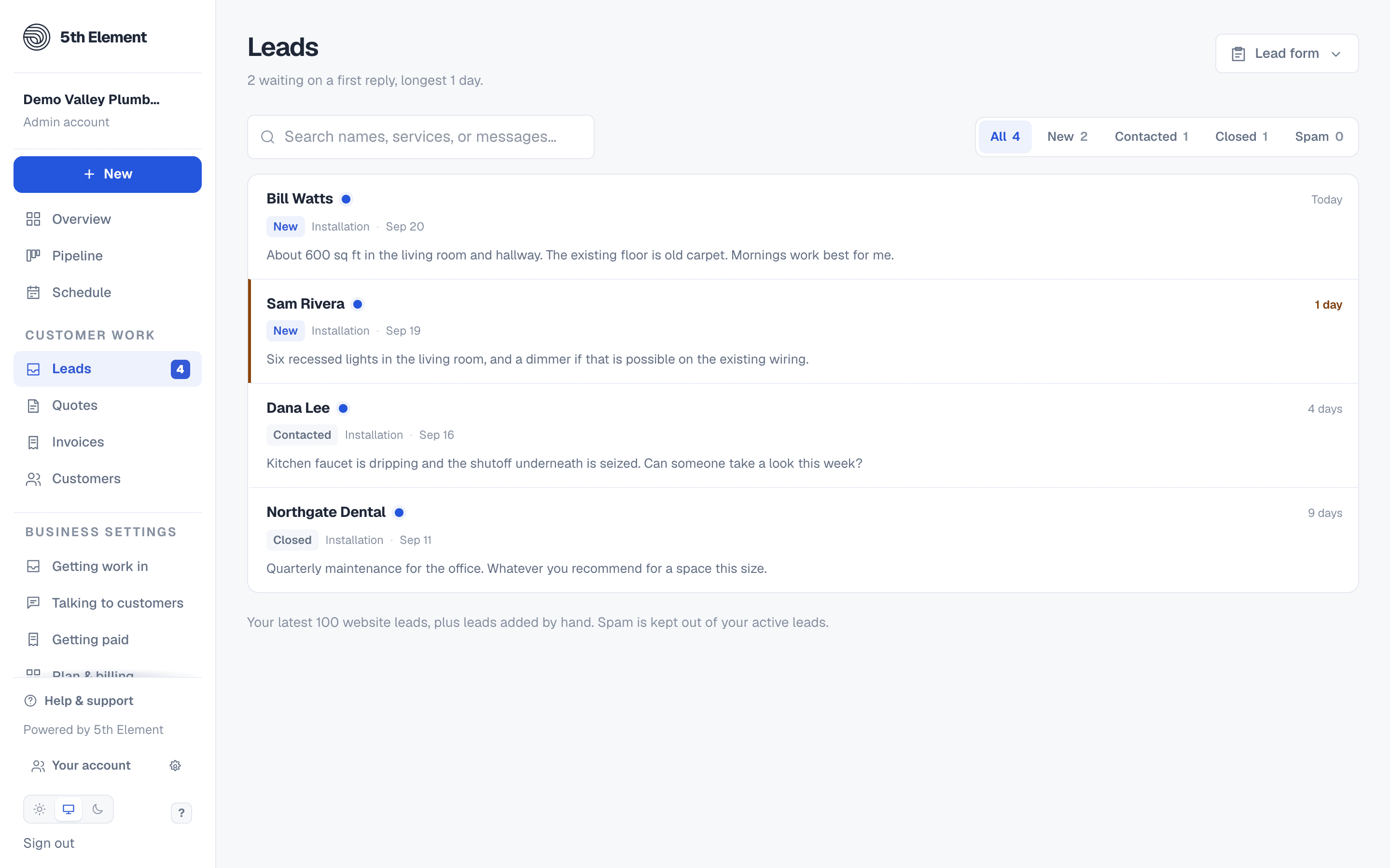 The leads inbox: every website inquiry with its service, status and message, with filters for new, contacted, closed and spam.