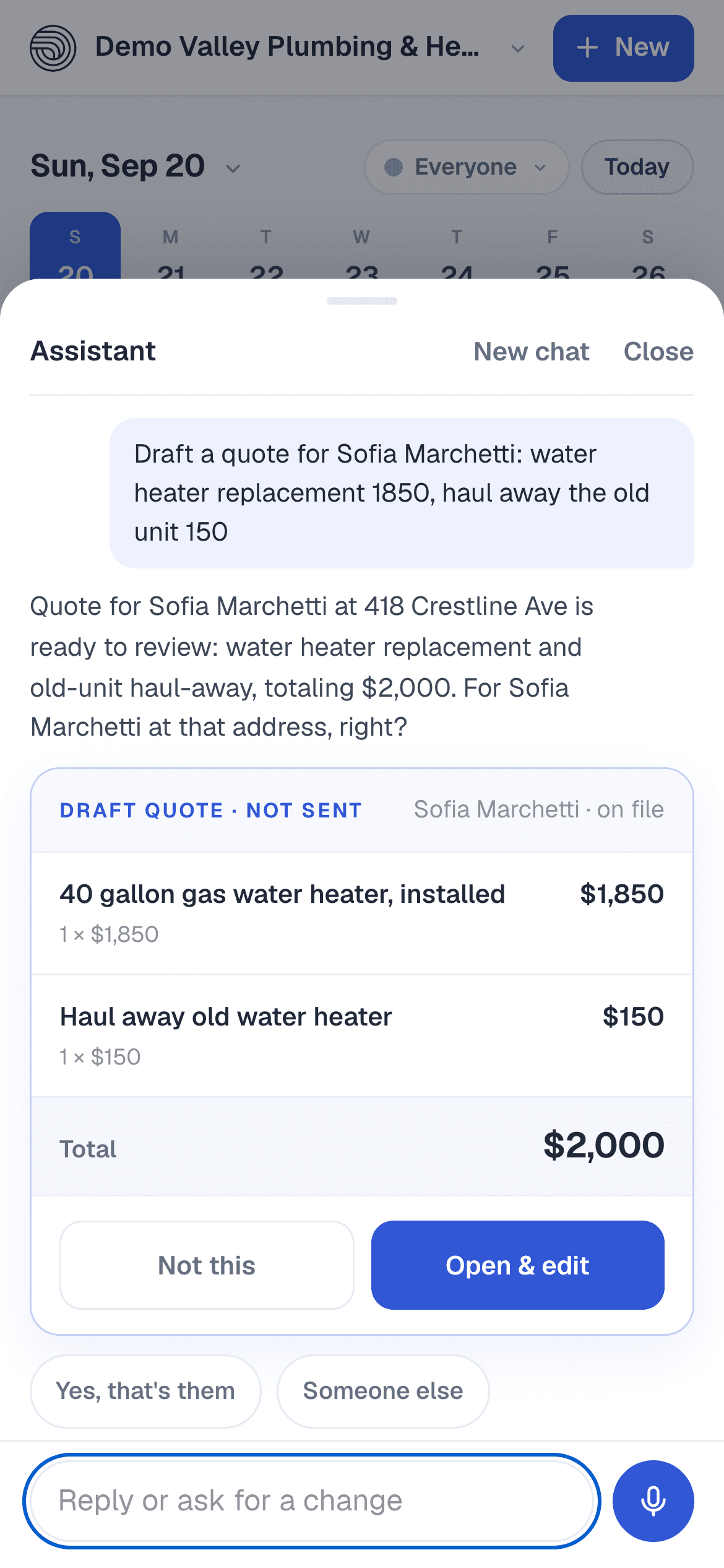 The Assistant on a phone: a request typed in plain words, and the draft quote it came back with, two lines and a total, with Open & edit.