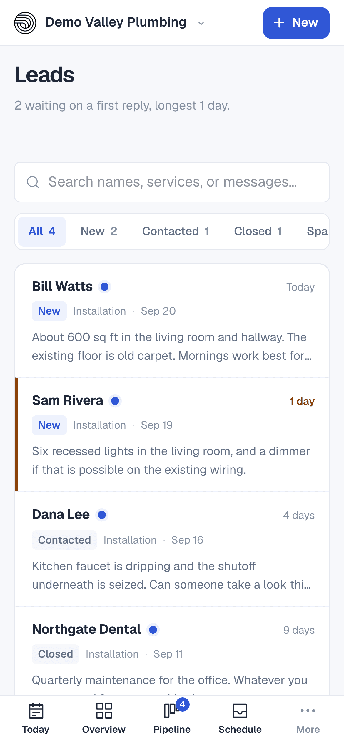The leads inbox on a phone.