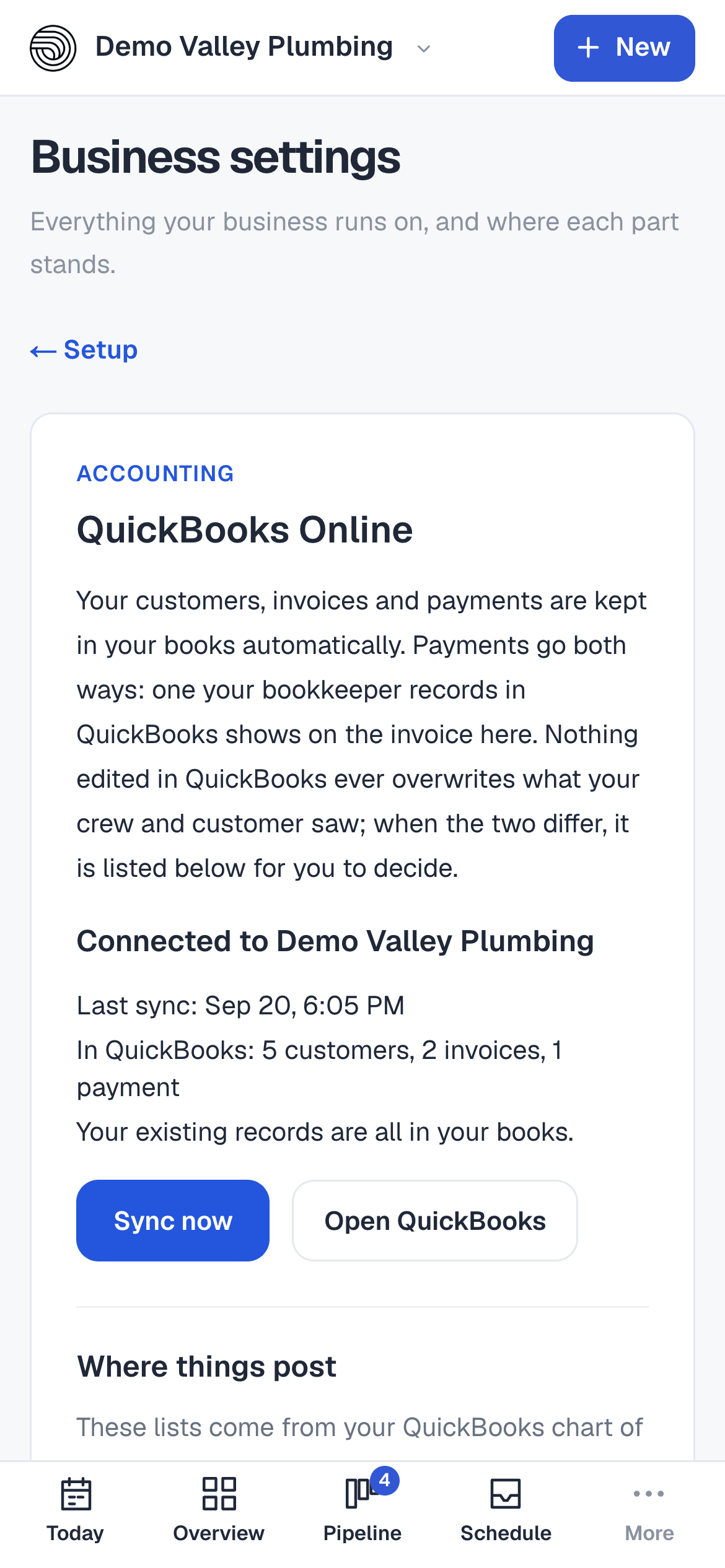 The QuickBooks Online card on a phone, connected.